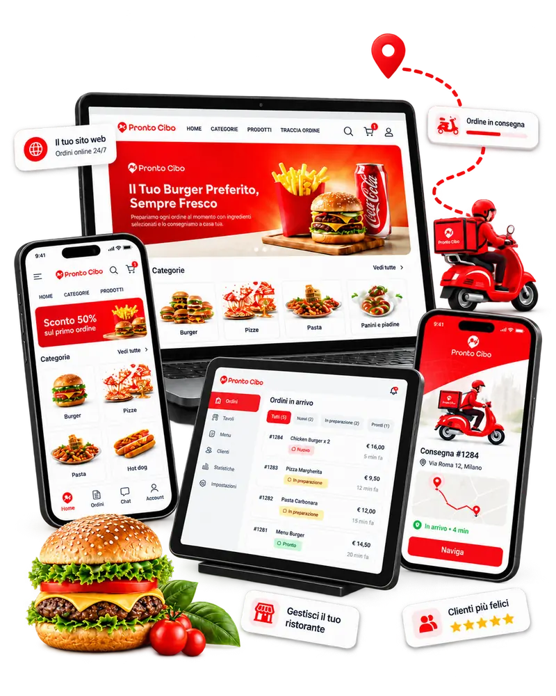 Ecosistema digitale ProntoCibo: Portale web ordini, App clienti iOS e Android, KDS Cassa e App Rider